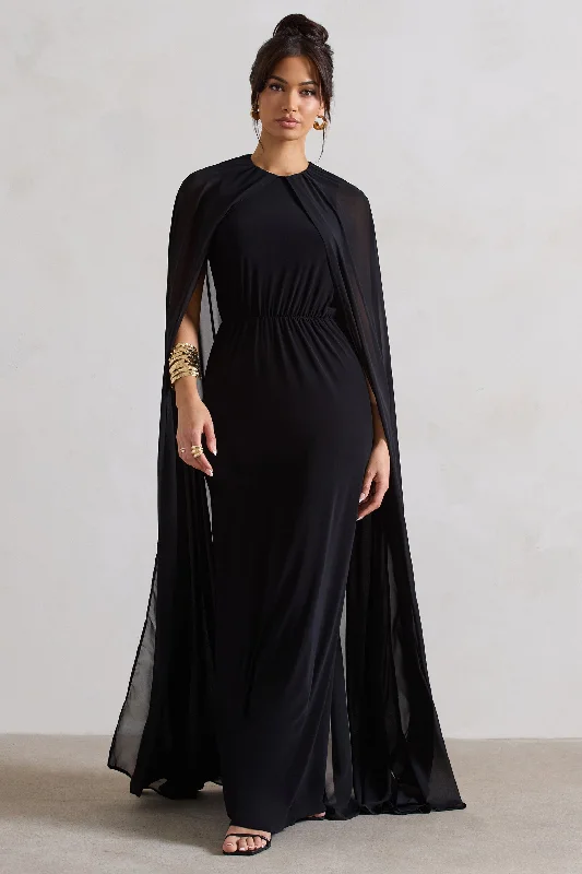 Maxi dresses for a luxurious cruise dinner event -Envy | Black Gathered Maxi Dress With Chiffon Cape