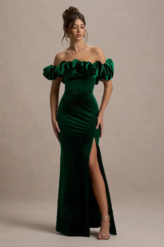 Maxi dresses for a sophisticated family dinner by the lake -Esmeralda | Bottle Green Velvet Structured Ruffled Bardot Maxi Dress