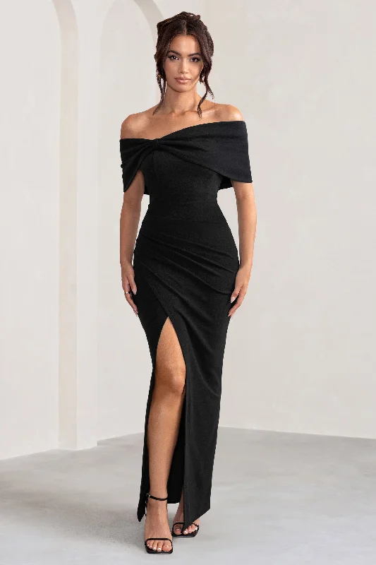 Maxi dresses for a stylish beachside wedding at sunset -Eva | Black Bardot Bow Detail Maxi Dress With Thigh Split