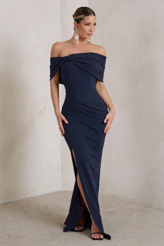 Maxi dresses for a chic rooftop wedding in the city -Eva | Navy Bardot Bow Detail Maxi Dress With Thigh Split