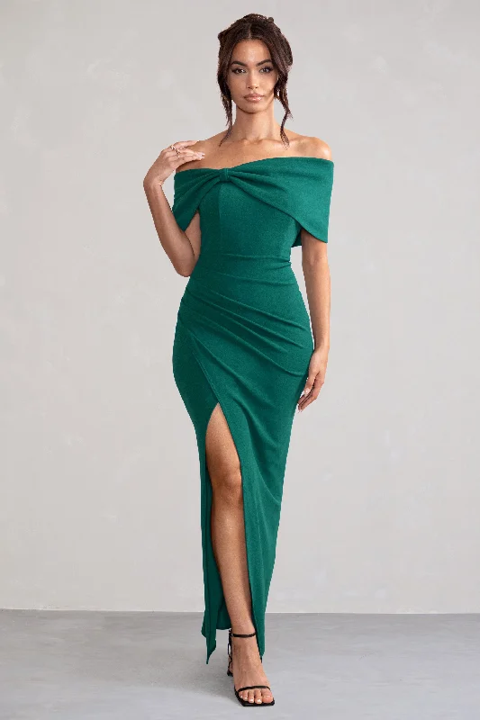 Maxi dresses for a glamorous evening at a five-star resort -Eva | Green Bardot Bow Detail Maxi Dress With Thigh Split