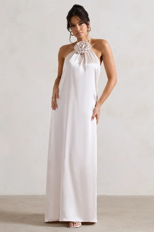 Maxi dresses with a timeless classic design for formal events -Everleigh | Cream Satin Relaxed Fit Maxi Column Dress With Corsage