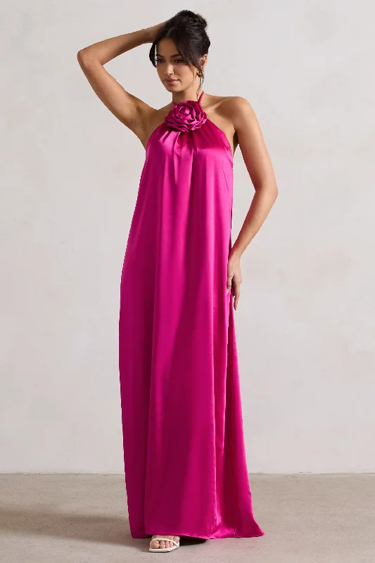 Maxi dresses for a formal celebration at a prestigious venue -Everleigh | Dark Pink Satin Relaxed Fit Maxi Column Dress With Corsage