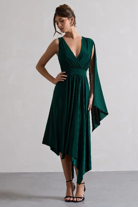 Maxi dresses with vintage lace details for a classic look -Fable | Bottle Green Plunge-Neck Maxi Dress With Cape Sleeve