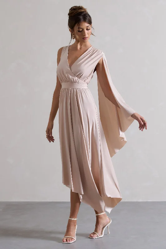 Maxi dresses for a chic winter evening event in the city -Fable | Champagne Plunge-Neck Maxi Dress With Cape Sleeve