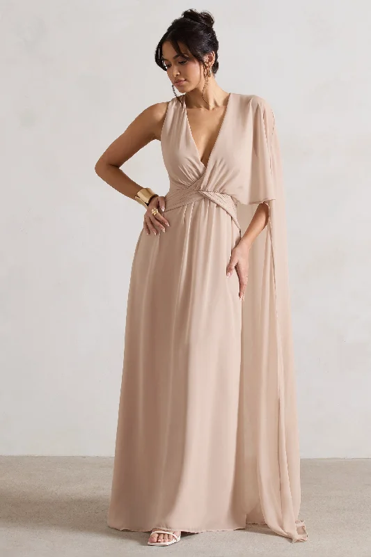 Maxi dresses with floral prints for spring -Fairytale | Champagne Plunge-Neck Chiffon Maxi Dress With Cape Sleeve