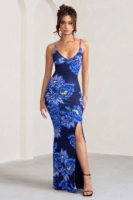 Maxi dresses for a chic rooftop wedding in the city -Farah | Blue Floral Print Plunge Neck Maxi Dress With Split Detail