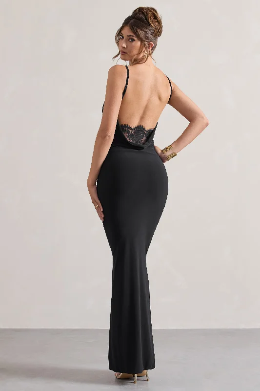 Maxi dresses for a chic formal gathering at a luxury hotel -Francoise | Black Cowl Neck Backless Maxi Dress With Lace Insert