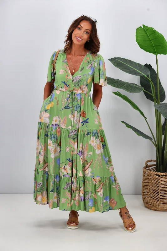 Maxi dresses with a tiered skirt for added volume -Fria Enchanted Forest Maxi Dress Green