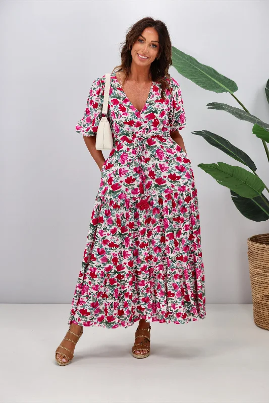 Maxi dresses for a glamorous evening out at a high-end venue -Fria Lila Floral Maxi Dress Fuchsia