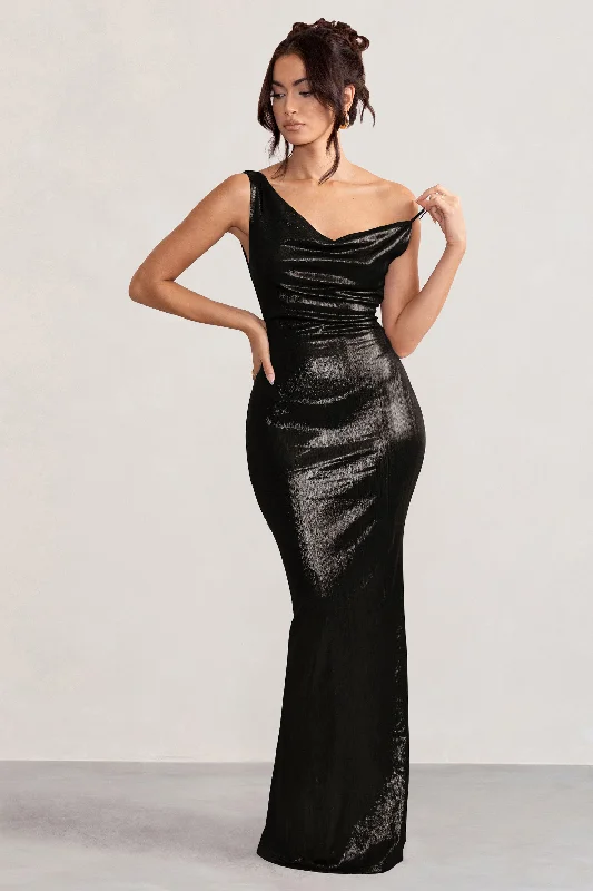 Maxi dresses for a chic outdoor party in the park -Galaxy Shimmer | Black Bias Cut Cowl Front Maxi Dress