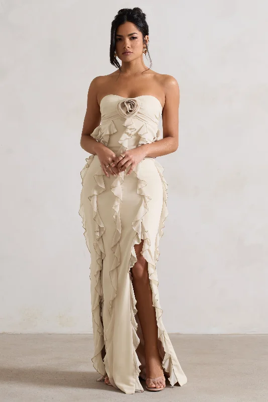 Maxi dresses with ruffle details for added style -Gardenia | Champagne Strapless Ruffle Maxi Dress With Corsage