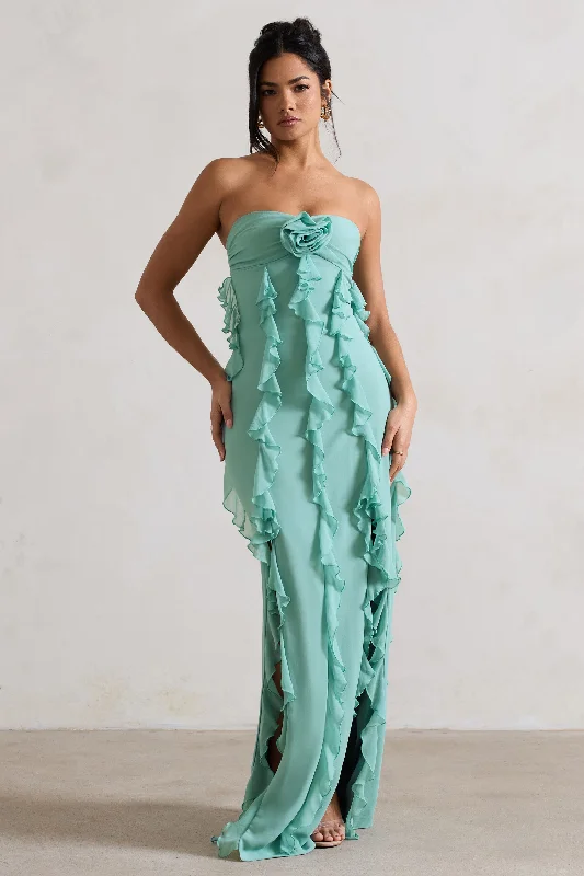 Maxi dresses for a stylish cocktail event at a high-end venue -Gardenia | Mint Green Strapless Ruffle Maxi Dress With Corsage