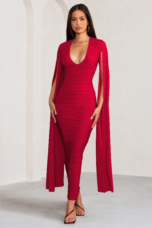 Maxi dresses for a luxurious dinner gathering in the city -Georgiana | Red Plunge Ruched Maxi Dress with Cape Sleeves