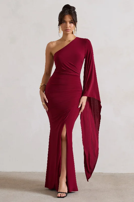 Maxi dresses for a sophisticated sunset wedding by the ocean -Giada | Berry Ruched One Shoulder Cape Sleeve Maxi Dress