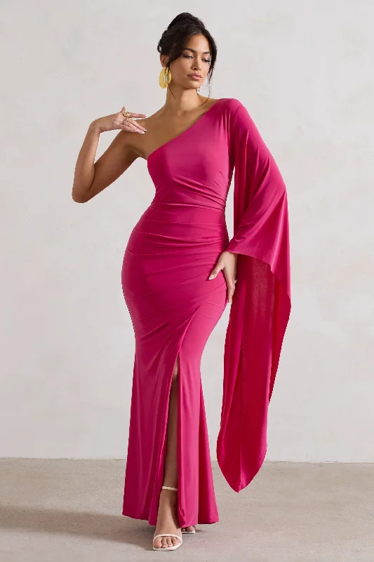 Maxi dresses with a flowing skirt for comfort and style -Giada | Dark Pink Ruched One Shoulder Cape Sleeve Maxi Dress