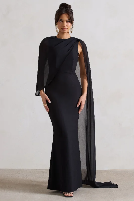 Maxi dresses for an outdoor family reunion in the park -Haze | Black High-Neck Maxi Dress With Chiffon Cape