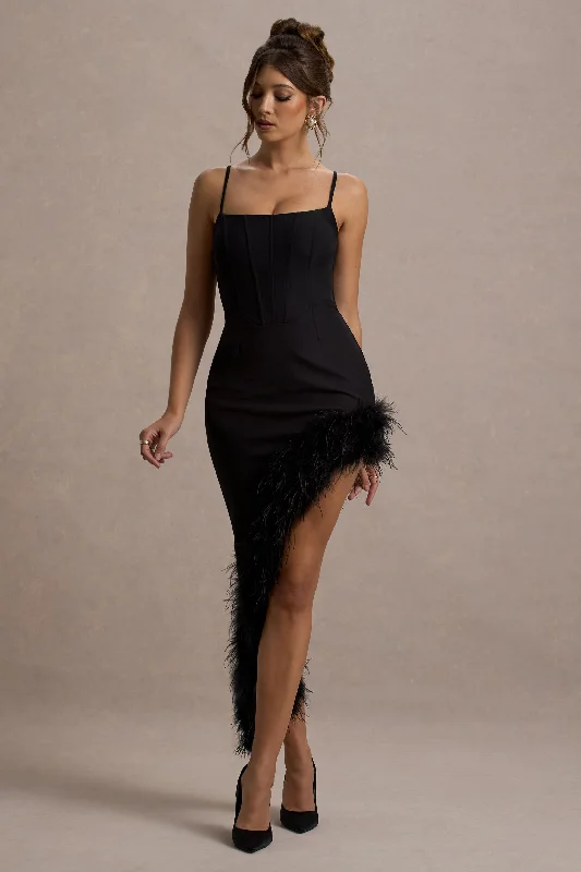 Maxi dresses for a chic garden party in the evening -High Status | Black Strappy Corset Asymmetric Maxi Dress With Feather Trim