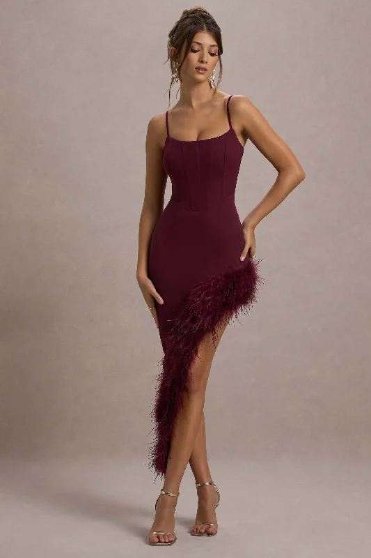 Maxi dresses with tulle for a soft, dreamy look -High Status | Burgundy Strappy Corset Asymmetric Maxi Dress With Feather Trim