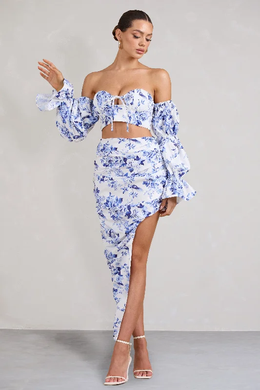 Maxi dresses for a formal gathering at an upscale hotel -Holiday | Blue Floral Ruched Asymmetric Maxi Skirt