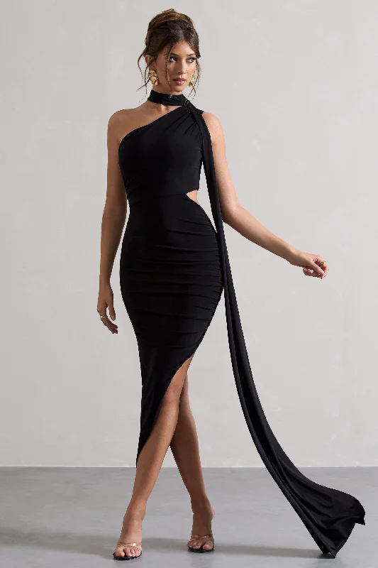 Maxi dresses for holiday dinners and celebrations -Icon | Black One Shoulder Cut-Out Maxi Dress With Scarf