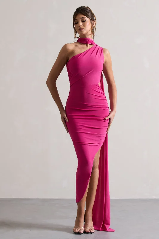 Maxi dresses for a stylish formal dinner event at a restaurant -Icon | Dark Pink One Shoulder Cut-Out Maxi Dress With Scarf