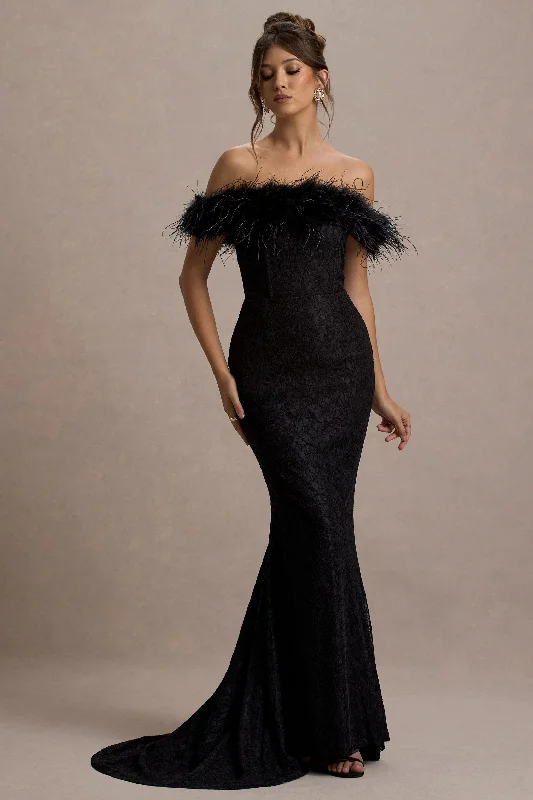 Maxi dresses for a formal dinner party at a prestigious venue -Idyll | Black Lace Bardot Feather Fishtail Maxi Dress