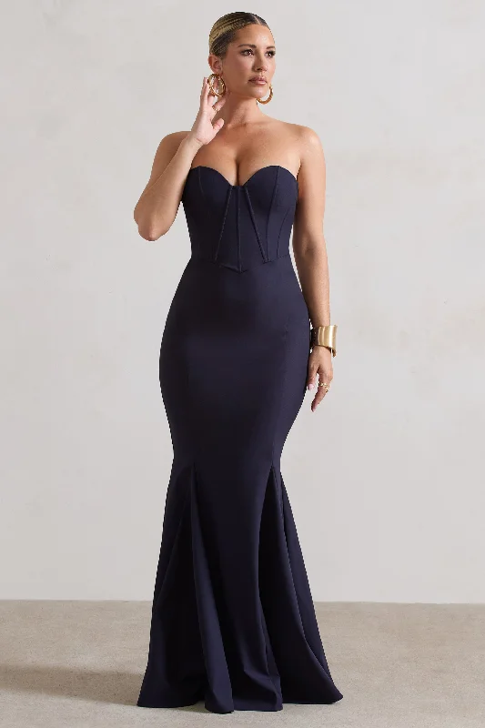 Maxi dresses for a chic winter wedding at a snowy resort -Idyllic | Navy Strapless Corset Style Fishtail Maxi Dress