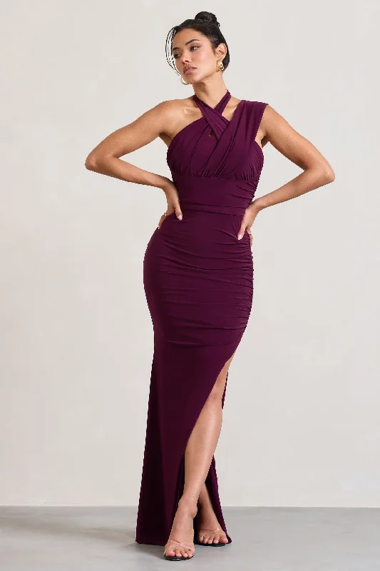 Maxi dresses for a romantic destination wedding reception -Ignite | Burgundy Strappy Halter-Neck Asymmetric Maxi Dress