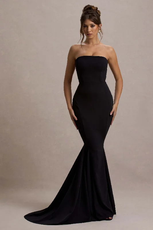 Maxi dresses for luxury resort vacations -Impress Me | Black Strapless Bandeau Fishtail Maxi Dress