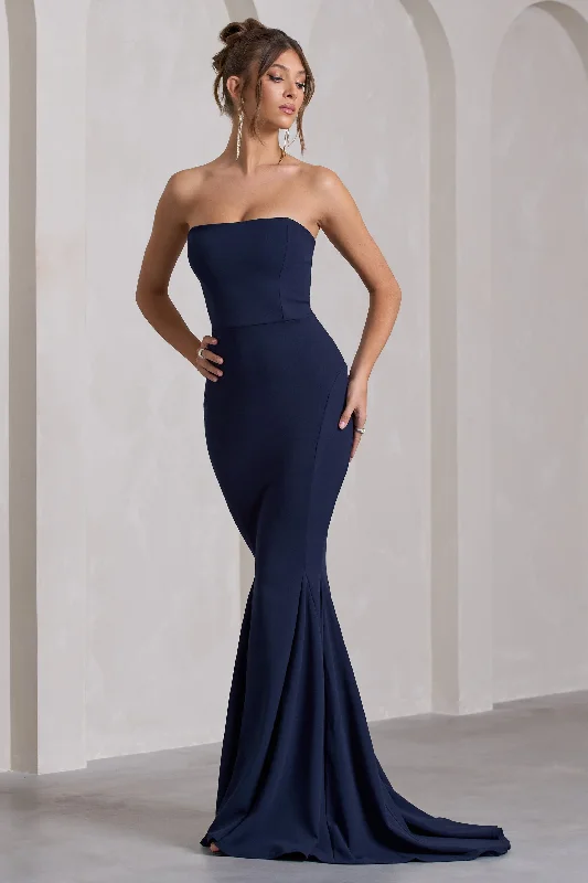 Maxi dresses for stylish summer evening cocktail parties -Impress Me | Navy Strapless Bandeau Fishtail Maxi Dress