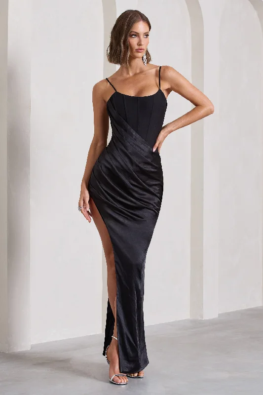 Maxi dresses with a simple yet stylish design for casual outings -In Attendance | Black Satin Draped Corset Split Maxi Dress