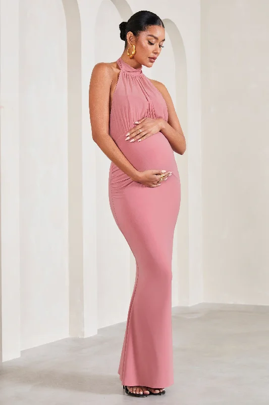 Maxi dresses for family gatherings and dinners -In My Heart | Blush Pink Mesh Halter-Neck Sleeveless Maternity Maxi Dress