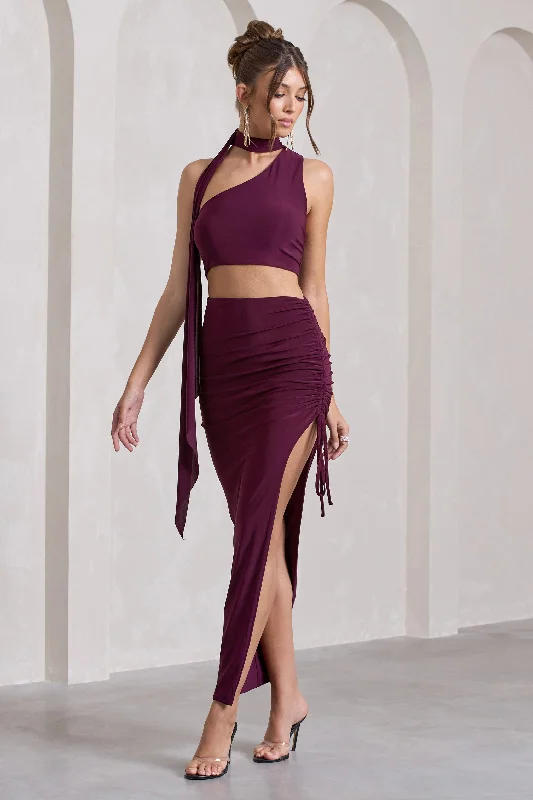 Maxi dresses with a simple yet stylish design for casual outings -In The Air | Plum Ruched Asymmetric High-Waisted Maxi Skirt