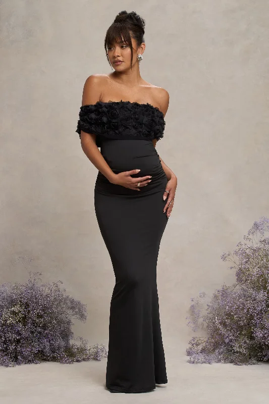 Maxi dresses for a stylish destination wedding at a villa -Inflorescence | Black Mesh Floral Bardot Maternity Maxi Dress