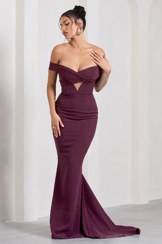 Maxi dresses for a stylish cocktail event in the city -Inspiration | Burgundy Sheer Bardot Fishtail Maxi Dress