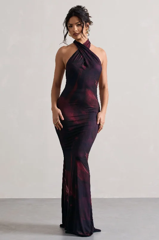 Maxi dresses with deep neckline designs for Invincible | Plum Print Cross Over Halter-Neck Open-Back Maxi Dress