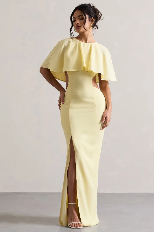 Maxi dresses with chiffon sleeves for a relaxed look -Isadora | Pastel Yellow Cut-Out Split Maxi Dress With Cape