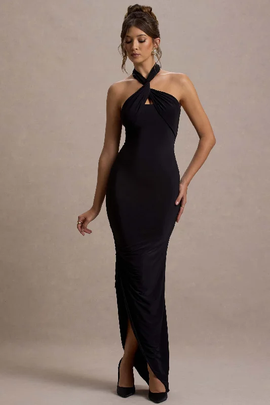 Maxi dresses for a glamorous beachside wedding celebration -Jaiya | Black Ruched Halter-Neck Asymmetric Maxi Dress