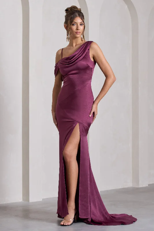 Maxi dresses for a glamorous event in an exclusive ballroom -Jayne | Plum Satin Asymmetric Draped Split Maxi Dress