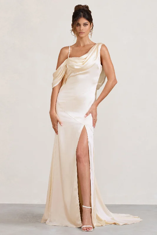 Maxi dresses for a romantic evening stroll by the beach -Jayne | Cream Satin Asymmetric Draped Split Maxi Dress