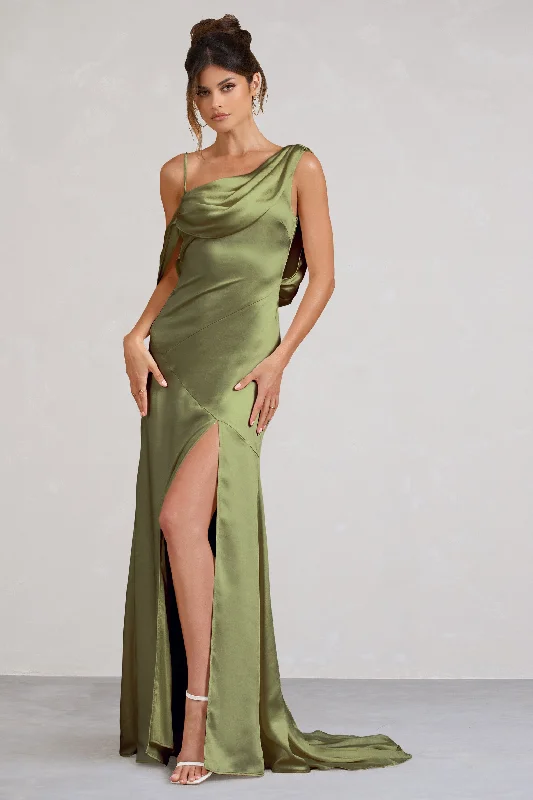 Maxi dresses with lace accents for an elegant touch -Jayne | Olive Satin Asymmetric Draped Split Maxi Dress