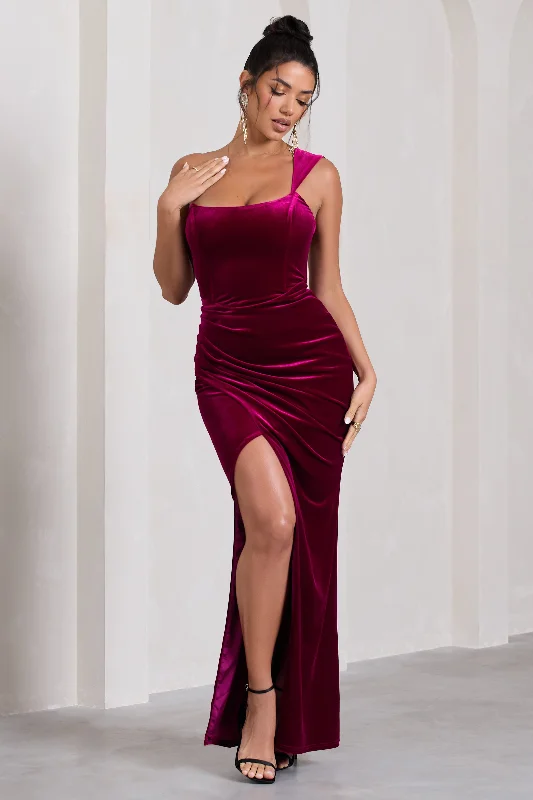 Maxi dresses for a luxury yacht party under the stars -Jessica | Berry Velvet One Shoulder Corset Style Wrap Maxi Dress