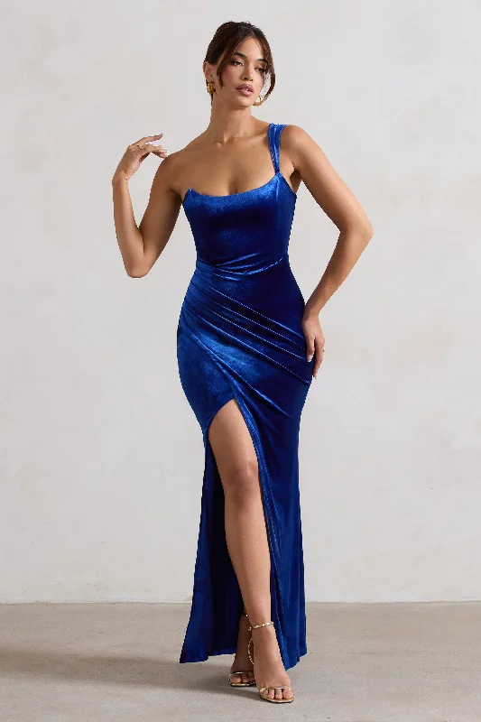 Maxi dresses for an intimate family celebration at the vineyard -Jessica | Cobalt Velvet One Shoulder Corset Style Wrap Maxi Dress