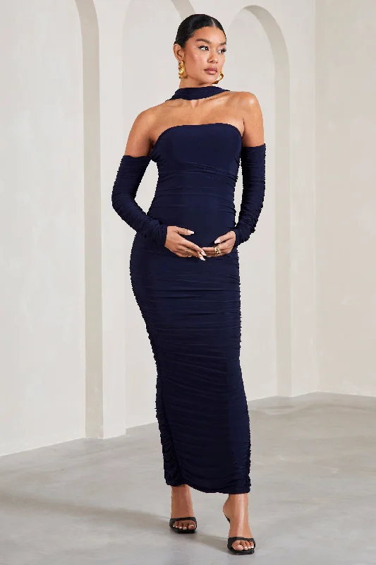 Maxi dresses for an elegant outdoor wedding ceremony -Joy | Navy Ruched Long-Sleeved Maternity Maxi Dress With Halter Collar