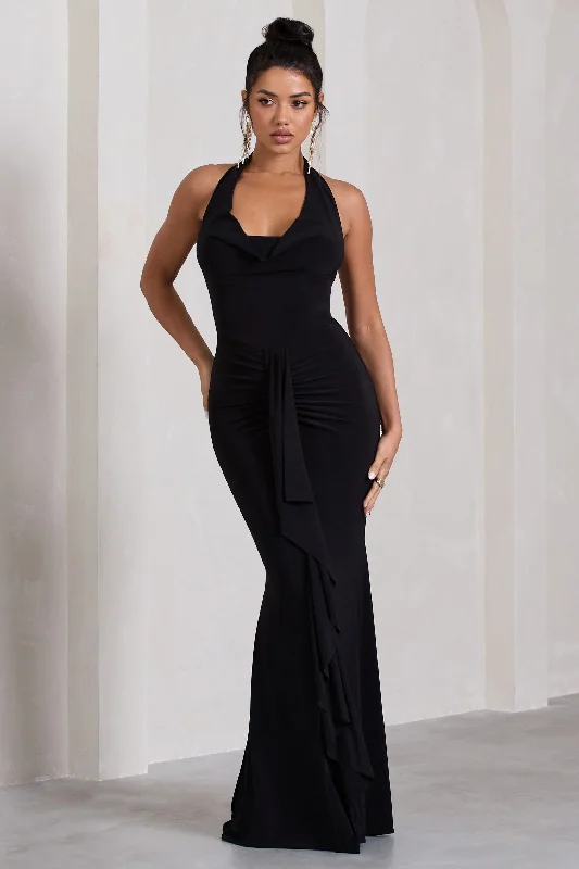 Maxi dresses with floral appliqués for springtime events -Kaia | Black Ruched Cowl-Neck Maxi Dress With Drape