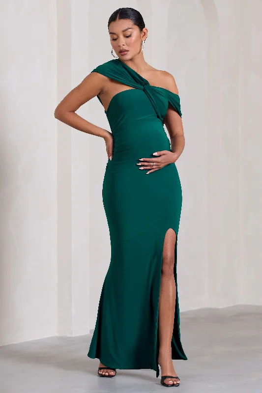 Maxi dresses for a chic rooftop wedding in the city -Kara | Bottle Green Asymmetric Twisted Bardot Split Maternity Maxi Dress