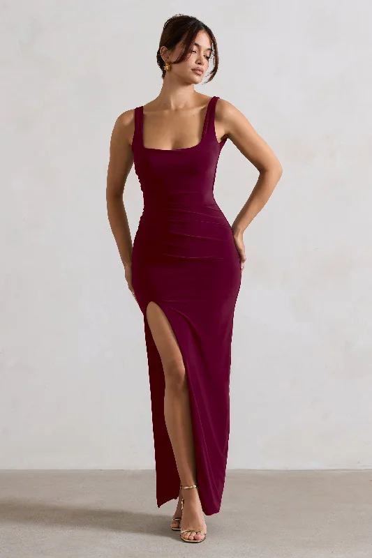 Maxi dresses for a glamorous rooftop wedding reception -Kate | Berry Square Neck Maxi Dress with Plunge Back and Side Thigh Split