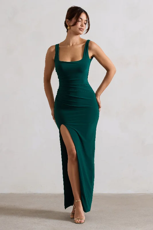 Maxi dresses for a luxurious dinner celebration at a high-end resort -Kate | Bottle Green Square Neck Maxi Dress with Plunge Back and Side Thigh Split