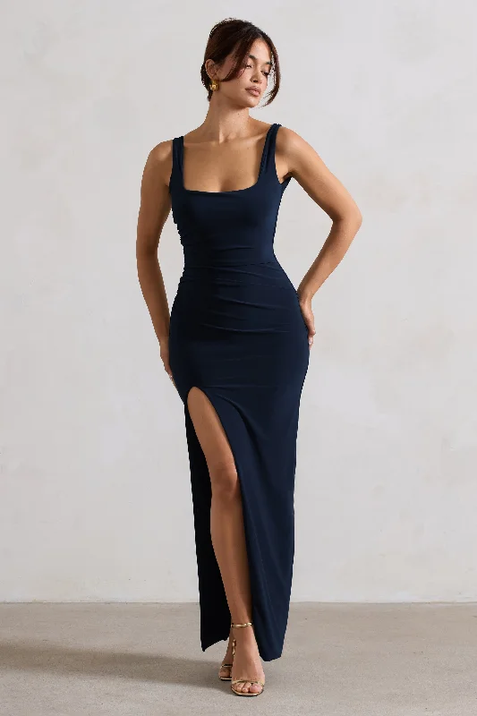 Maxi dresses for a stylish destination wedding on the coast -Kate | Navy Square Neck Maxi Dress with Plunge Back and Side Thigh Split